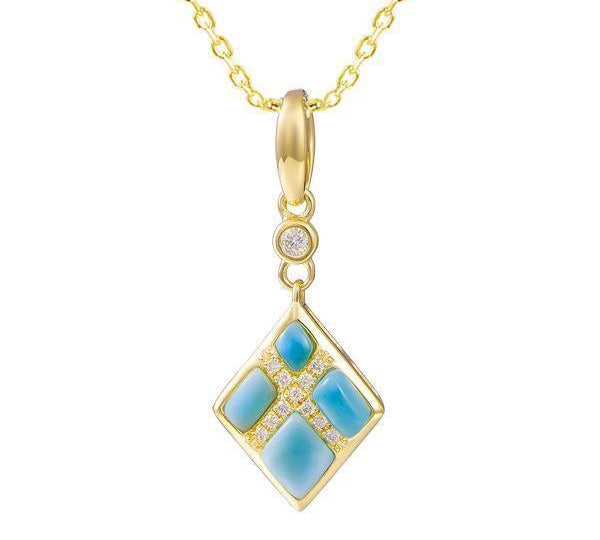 The picture shows 14K yellow gold southern cross larimar pendant with diamonds.