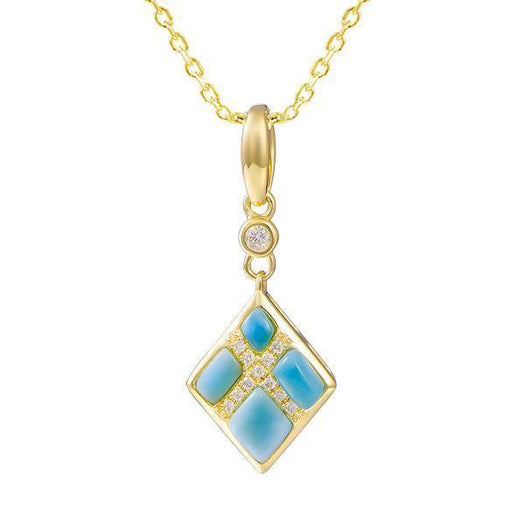 The picture shows 14K yellow gold southern cross larimar pendant with diamonds.