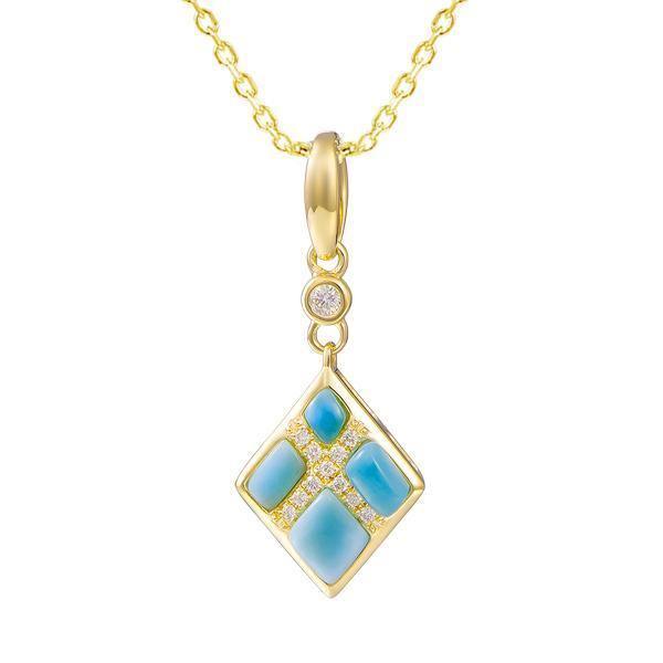 The picture shows 14K yellow gold southern cross larimar pendant with diamonds.