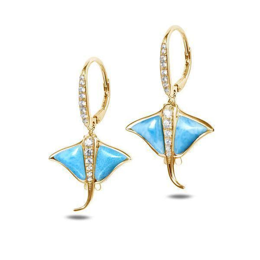 The picture shows a pair of 14K yellow gold larimar eagle ray lever-back earrings with aquamarine.