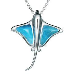 The picture shows a 14K white gold larimar eagle ray pendant.