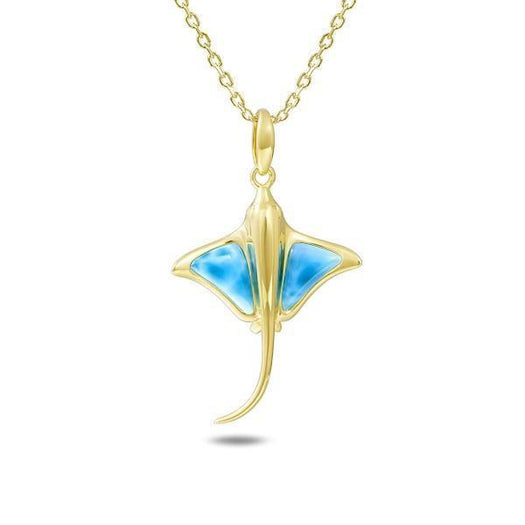 The picture shows a small 14K yellow gold larimar eagle ray pendant.
