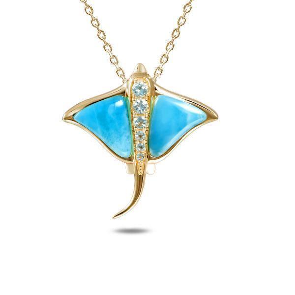 The picture shows a 14K yellow gold larimar eagle ray pendant with aquamarine.