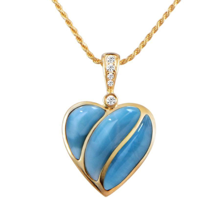 The picture shows a 14K yellow gold larimar striped heart pendant with diamonds.