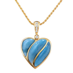 The picture shows a 14K yellow gold larimar striped heart pendant with diamonds.