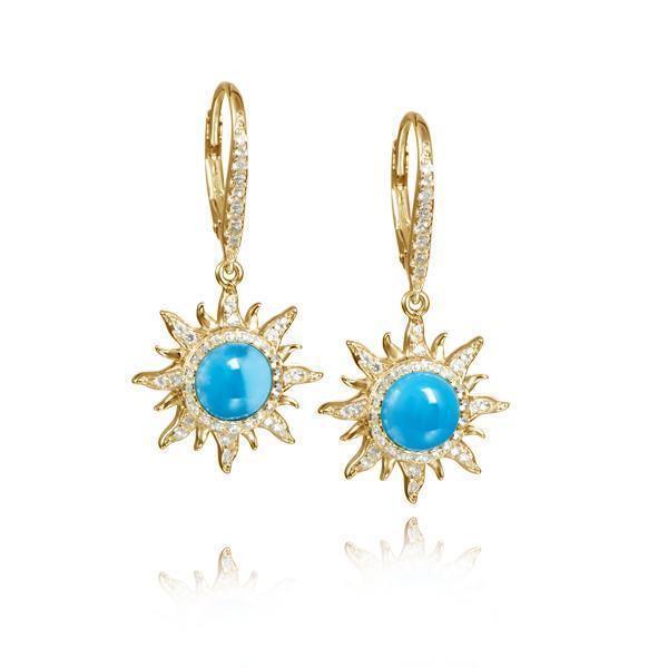 The picture shows a pair of 14K larimar sun lever-back earrings with diamonds.