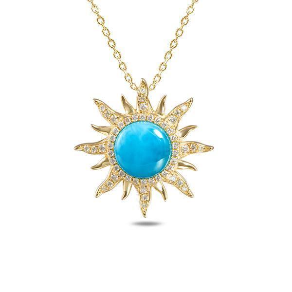 The picture shows a 14K yellow gold larimar sun pendant with diamonds.