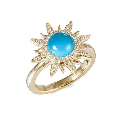 The picture shows a 14K yellow gold larimar sun ring with diamonds.