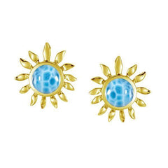 In this photo there is a pair of 14k yellow gold sunflower stud earrings with blue larimar gemstones.