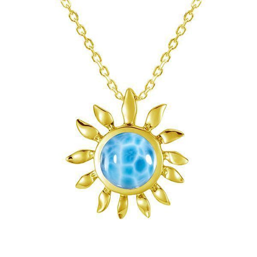 In this photo there is a yellow gold sunflower pendant with one larimar gemstone.