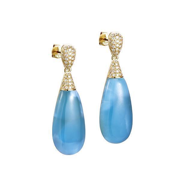 This image shows a pair of 14k larimar teardrop dangle earrings with diamonds.