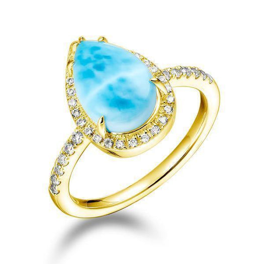 The picture shows a 14K yellow gold larimar teardrop ring with diamonds.