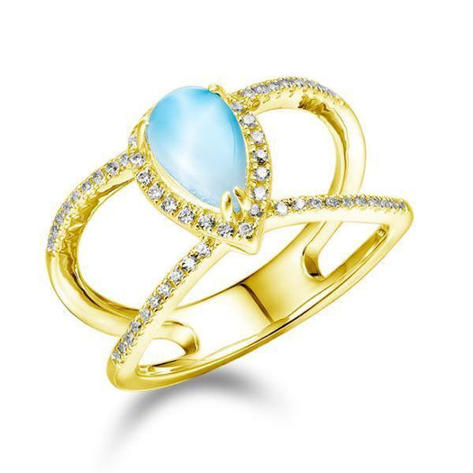 The picture shows a 14K yellow gold larimar petal split band ring lined with diamonds.