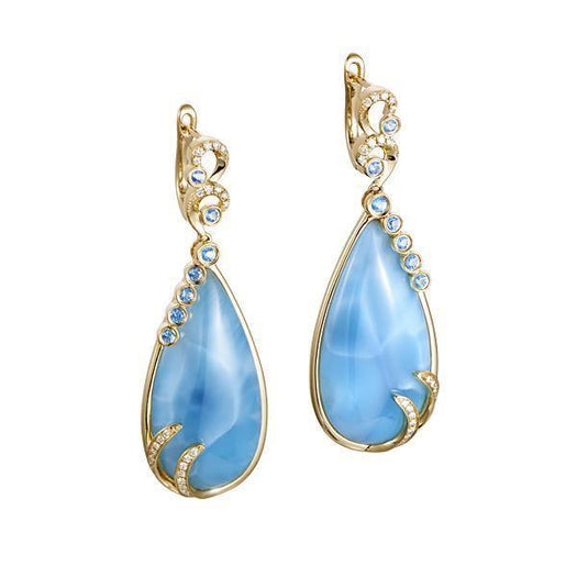 This image is of a pair of 14K yellow gold larimar teardrop earrings with diamonds.