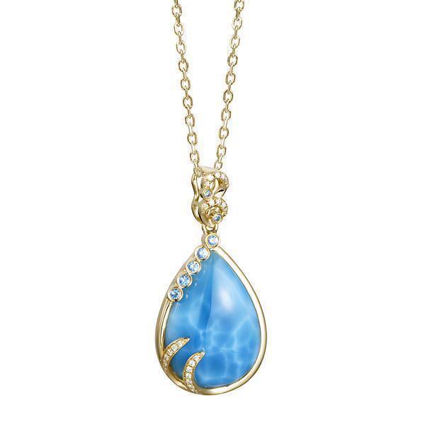 The picture shows a 14K yellow gold larimar tears of joy pendant with topaz and diamonds.