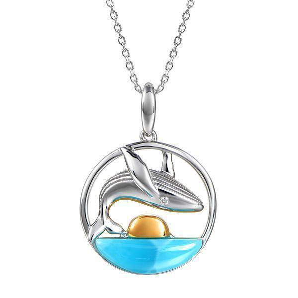 The picture shows a 14K white and yellow gold larimar two-tone sunset humpback whale pendant.