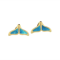 The picture shows 14K yellow gold larimar whale tail stud earrings.