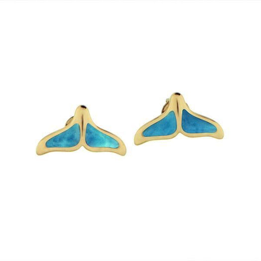 The picture shows 14K yellow gold larimar whale tail stud earrings.