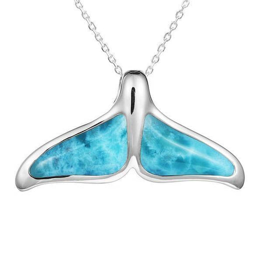The picture shows a 14K white gold larimar whale tail pendant.