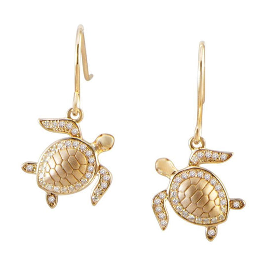 The picture shows a pair of 14K yellow gold sea turtle hook earrings with diamonds.