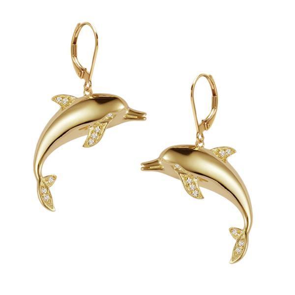 dolphin lever back earrings with diamonds set in 14k solid yellow gold