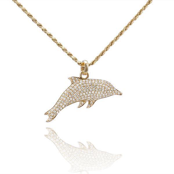 The picture shows a 14K yellow gold dolphin pendant with diamonds.