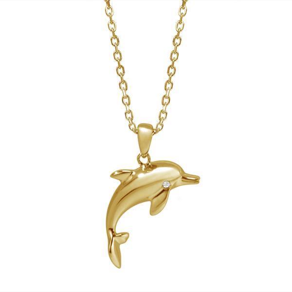 The picture shows a 14K yellow gold dolphin necklace with one eye diamond.