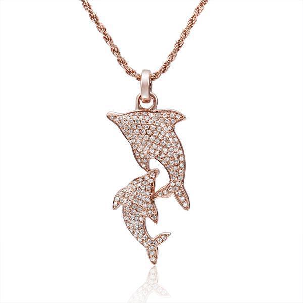 The picture shows a 14K solid rose gold 2 dolphin pendant with diamonds.