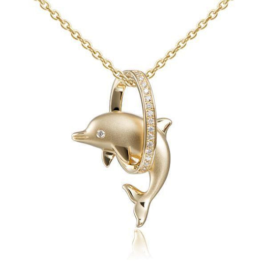 The picture shows a 14K yellow gold dolphin through a circle pendant with diamonds.