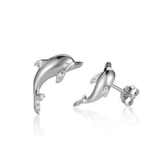 dolphin stud earrings with diamonds set in 14k solid white gold