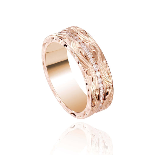The picture shows a 14K rose gold diamond channel 6mm ring.