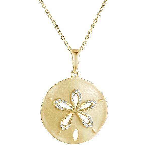 The picture shows a 14K yellow gold sand dollar cut out pendant with diamonds.