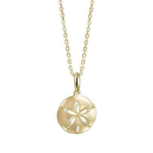 The picture shows a small 14K yellow gold sand dollar cut out pendant with diamonds.