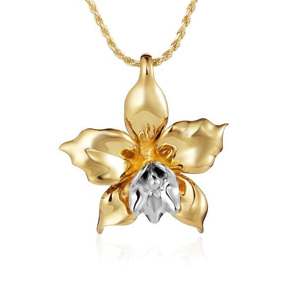 In this photo there is a two-tone yellow and white gold orchid flower pendant.
