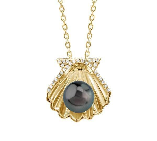 In this photo there is a yellow gold oyster shell pendant with diamonds and one dark pearl.