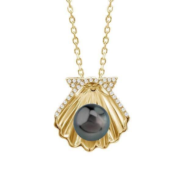 In this photo there is a yellow gold oyster shell pendant with diamonds and one dark pearl.