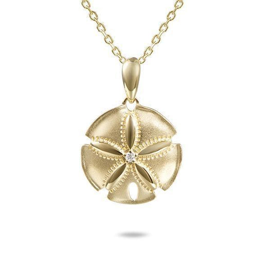 The picture shows a 14K yellow gold sand dollar pendant with center diamond.