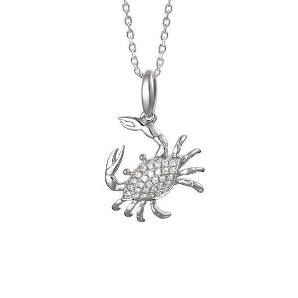 The picture shows a small 14K white gold pavé diamond blue crab pendant.