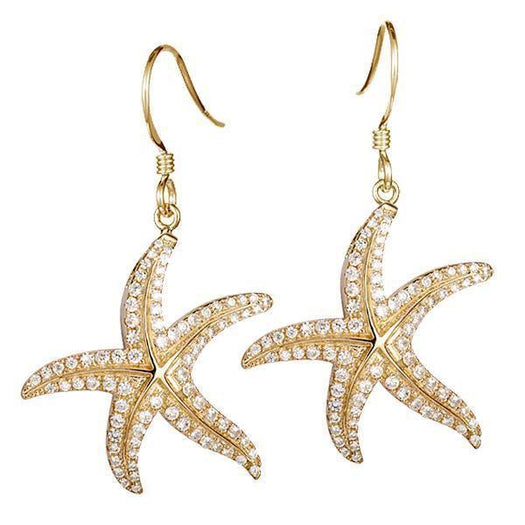 The picture shows a pair 14K yellow gold pavé diamond starfish hook earrings.