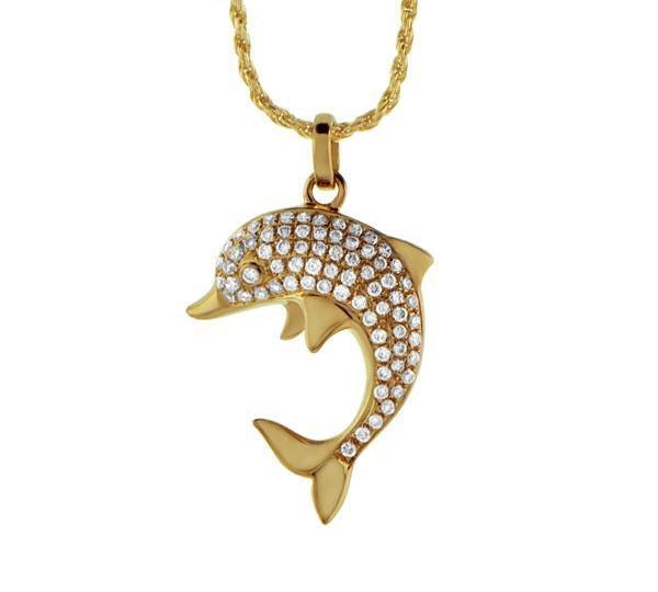 The picture shows a 14K yellow gold dolphin pendant with diamonds.