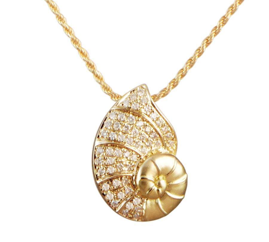 The picture shows a 14K yellow gold pavé diamond nautilus pendant.