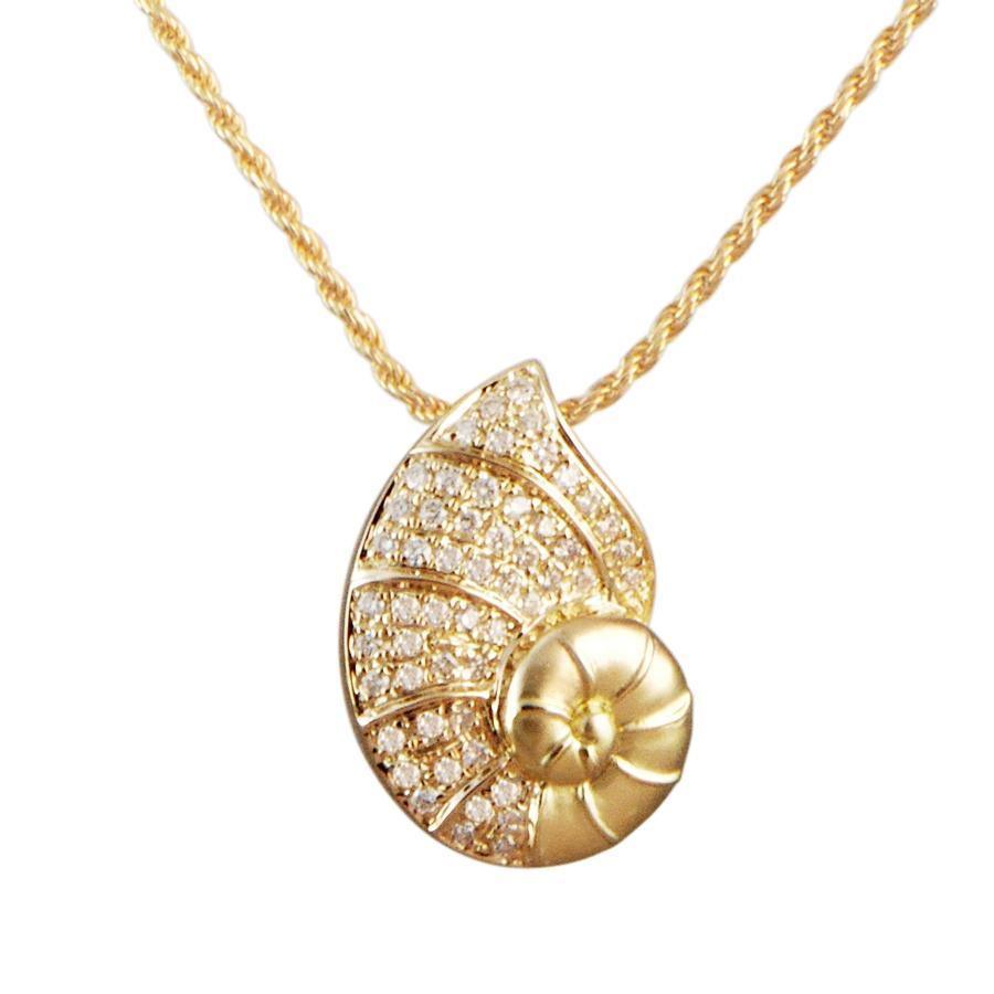 The picture shows a 14K yellow gold pavé diamond nautilus pendant.