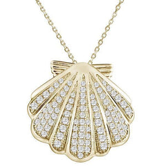 The picture shows a 14K yellow gold pavé diamond oyster shell pendant.