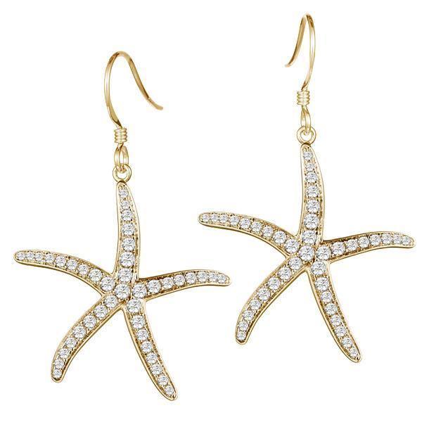 The picture shows a pair of 14K yellow gold pavé diamond sea star hook earrings.