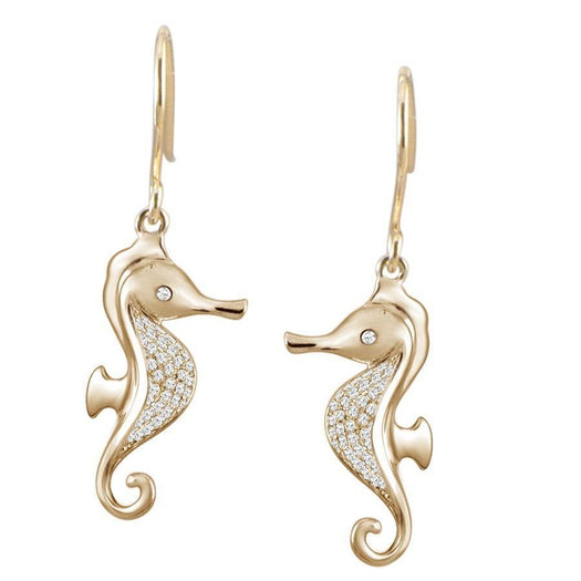 The picture shows a 14K yellow gold pavé diamond seahorse hook earrings.