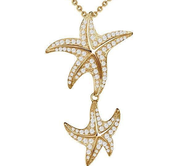 The picture shows a 14K yellow gold double starfish dangle pendant with diamonds.