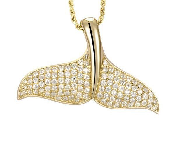 The picture shows a 14K yellow gold pavé diamond whale tail pendant.