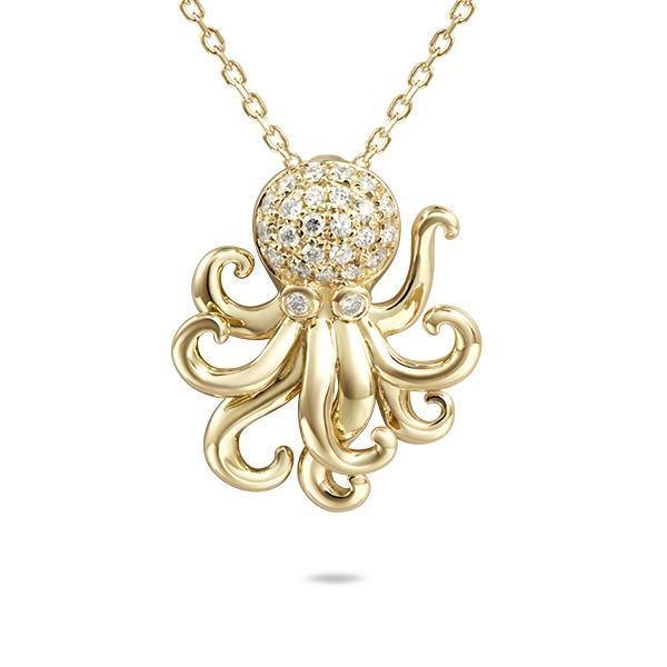 The picture shows a 14K yellow gold kraken pendant with pavé diamonds.