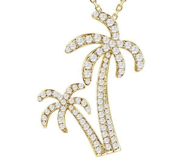 In this photo there is a yellow gold double palm tree pendant with diamonds.