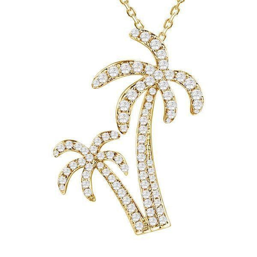 In this photo there is a yellow gold double palm tree pendant with diamonds.